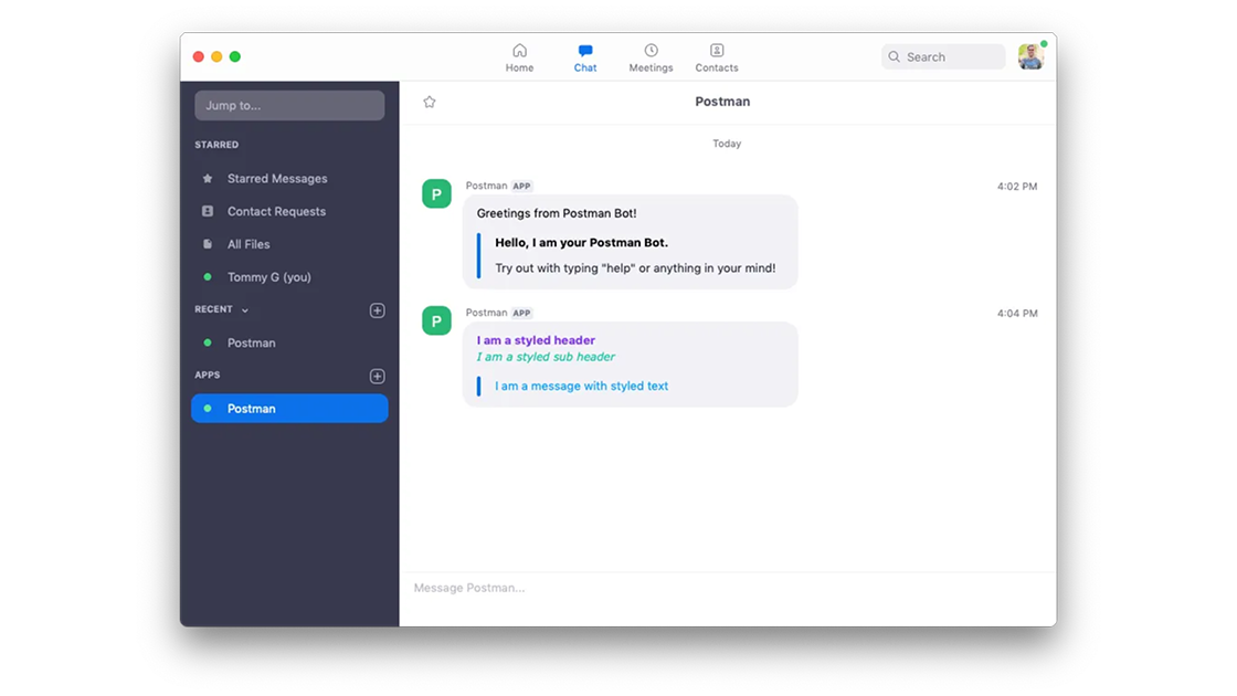 Tommy Gaessler testing Zoom Chatbots in Postman